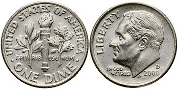 США 10 ЦЕНТОВ = 1 ДАЙМ 2000 D, РУЗВЕЛЬТ KM 195а медь плакированная медно-никелем 46-1012