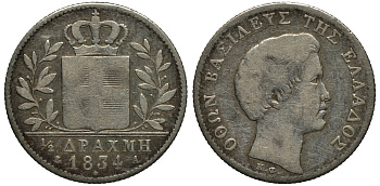 ГРЕЦИЯ 1/2 ДРАХМЫ 1834 А, ОТТО БАВАРСКИЙ (1832-1862) KM 19 серебро 3896-1341