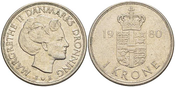 Дания 1 крона 1980 S; B, Маргрете II (1972-) KM 862.1 медно-никель 4388-1032