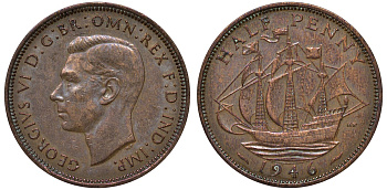 Великобритания 1/2 пенни 1946 Георг VI (1936-1952) KM 844, Spink 4115 бронза 4122-811