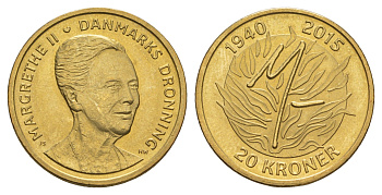Дания 20 крон 2015 75 лет со дня рождения Королевы Маргрете II KM 964 алюминиевая бронза UNC 4648-312