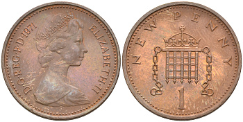 Великобритания 1 пенни 1971 Елизавета II (1952-2022) KM 915, Spink 4237 (B1) бронза 4594-111