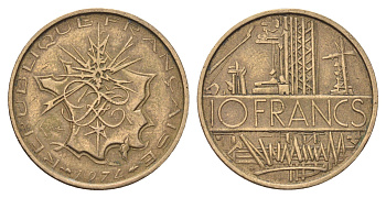 Франция 10 франков 1974 KM 940 медь алюминий никель 4704-437