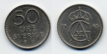 Швеция 50 эре 1965 U, Густав VI Адольф (1950-1973) KM 837 медно-никель 23-834