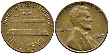 США 1 ЦЕНТ 1967 ЛИНКОЛЬН KM 201 медь цинк 4383-431