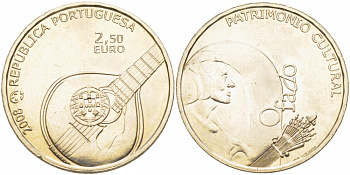Португалия 2 1/2 евро 2008 серия культурное наследие Европы, певица Амалия Родригес, гитара фаду с гербом Португалии KM 783 медно-никель UNC 4512-641