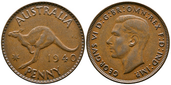 Австралия 1 пенни 1940 KG, Георг VI (1936-1952), кенгуру KM 36 бронза 4557-921
