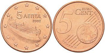 ГРЕЦИЯ 5 ЕВРОЦЕНТОВ 2002 С БУКВОЙ F В ЗВЕЗДЕ KM 183 сталь плакированная медью UNC 214-355