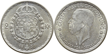 Швеция 2 кроны 1950 TS, Густав V (1907-1950) KM 815 серебро 1530-1115