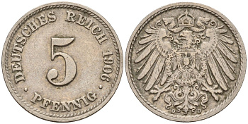 Германия 5 пфеннигов 1906 D KM 11, J. 12 медно-никель 4151-454