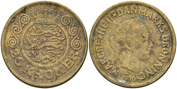 Дания 20 крон 1990 LG; JP; A, Маргрете II (1972-) KM 871 алюминиевая бронза 4144-612