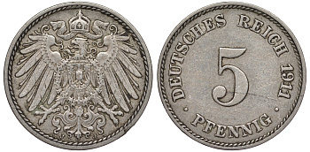 Германия 5 пфеннигов 1911 A KM 11, J. 12, Weege 6 медно-никель 25-2143