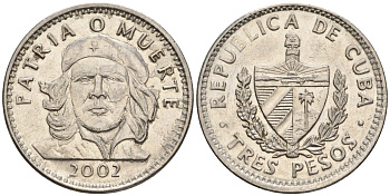 Куба 3 песо 2002 KM 346a, JMA 101, Schoen C34a сталь плакированная никелем 4117-536