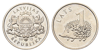 Латвия 1 лат 2012 Ежик KM 135 медно-никель UNC 4679-364