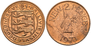 Гернси 2 пенса 1971 Ветряная мельница KM 22 бронза  aUNC  4610-441