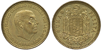 Испания 1 песета 1966 (75) Франсиско Франко (1939-1975) KM 796 алюминиевая бронза 4128-1046