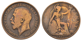 Великобритания 1 пенни 1917 Георг V (1910-1936) KM 810, Spink 4051 бронза 4692-713