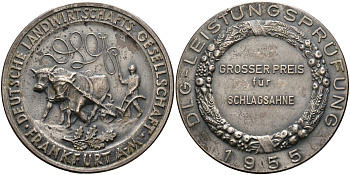 Германия, Франкфурт-на-Майне медаль 1955 Первый приз, ежегодная сельскохозяйственная выставка, диаметр 61 мм. белый металл 1084-1-22