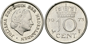 НИДЕРЛАНДЫ 10 ЦЕНТОВ 1973 ЮЛИАНА KM 182 никель 96-428