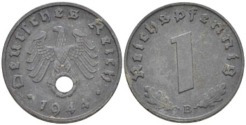 ГЕРМАНИЯ 1 РЕЙХСПФЕННИНГ 1944 B KM 97, J.369 цинк 201-968