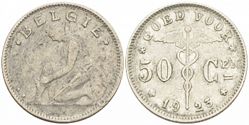 БЕЛЬГИЯ 50 САНТИМОВ 1923 BELGIE KM 88 никель 261-1648