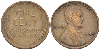 США 1 ЦЕНТ 1944 ЛИНКОЛЬН KM А132 медь цинк 3309-517