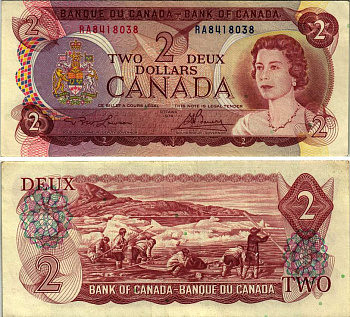 КАНАДА 2 ДОЛЛАРА 1974 ЕЛИЗАВЕТА II, ОХОТА ЭСКИМОСОВ, ЛОДКА, ПОДПИСЬ LAWSON-BOUEY Pick 86a бумага XF 7485-54-3