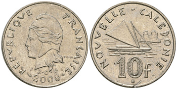 Французская Новая Каледония 10 франков 2008 рыбачья парусная лодка, (IEOM) KM 11a, Schoen 13a, Lec 99k медно-никель 60-741