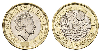 Великобритания 1 фунт 2016 Елизавета II (1952-2022) KM 1378, Spink J39 биметалл UNC 4118-1054