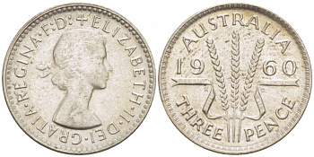 Австралия 3 пенса 1960 m, Елизавета II (1952-2022) KM 57 серебро UNC 3718-361
