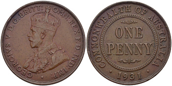 АВСТРАЛИЯ 1 ПЕННИ 1931 ГЕОРГ V (1910-1936), ЕДИНИЦА В ДАТЕ ПРИСПУЩЕНА KM 23 бронза 82-726