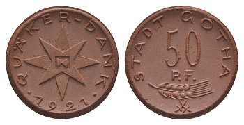 Гота 50 пфеннигов 1921 Men05 9371.5, Men22.2 11733.4, Men22.2 11733.5 фарфор 1094-9-62