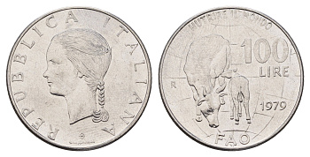 Италия 100 лир 1979 R, FAO, корова с теленком KM 106 нержавеющая сталь 4119-554