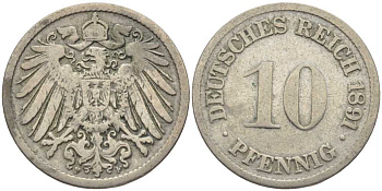 ГЕРМАНИЯ 10 ПФЕННИГОВ 1891 F KM 12, J. 13 медно-никель 4401-926