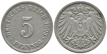 ГЕРМАНИЯ 5 ПФЕННИГОВ 1903 J KM 11, J. 12 медно-никель 39-765