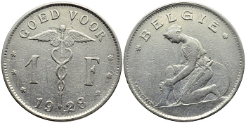 БЕЛЬГИЯ 1 ФРАНК 1928 BELGIE KM 90 никель 23-736