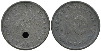 Германия 10 рейхспфеннигов 1941 D J. 371, KM 101 цинк  3459-556