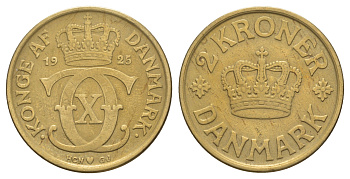 Дания 2 кроны 1925 HCN; GJ, Кристиан X (1912-1947) KM 825 алюминиевая бронза 114-543