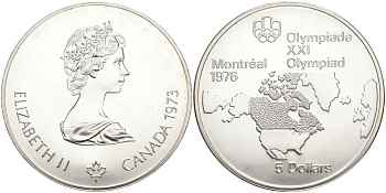 Канада 5 долларов 1973 XXI летние Олимпийские игры в Монреале 1976 года, карта Канады на фоне Северной Америки KM 85 серебро UNC 02-251-16