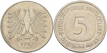 ФРГ 5 марок 1982 F, KM 140.1, J. 415 медно-никель плакированный никелем 3851-534