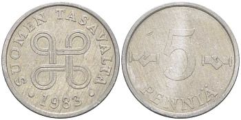 ФИНЛЯНДИЯ 5 ПЕННИ 1983 KM 45а алюминий 105-762