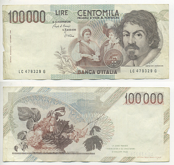 Италия 100000 лир 1983 Караваджо, фруктовый букет, подпись Speziali Pick 110b бумага 7220-27-3