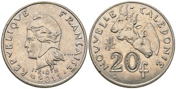 Французская Новая Каледония 20 франков 2011 три быка, (IEOM) KM 12a, Schoen 14a, Lec 115j медно-никель 84-741