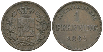 Бавария 1 пфенниг 1862 Максимилиан II (1848-1864) AKS 161 медь 4679-955