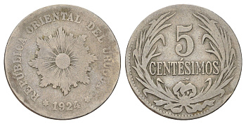Уругвай 5 сентесимо 1924 KM 21 медно-никель 4390-1256