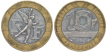 Франция 10 франков 1989 тип гений Бастилии KM 964.1, Le Franc 375.3 биметалл  45-633
