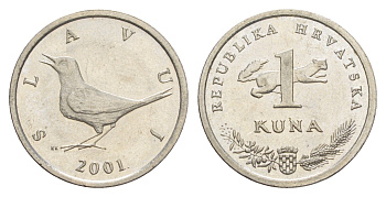 Хорватия 1 куна 2001 западный соловей, нечетный год KM 9.1 медь цинк никель aUNC 4571-1246