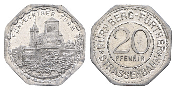 Нюрнберг трамвайный (транспортный) жетон в 20 пфеннигов ND (1920-1921) пятиугольная башня Men05 19256.12, Men18 24102.12 алюминий UNC 4638-247