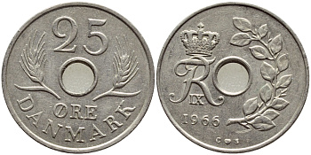 ДАНИЯ 25 ЭРЕ 1966 С; S, ФРЕДЕРИК IX (1947-1972) KM 855.1 медно-никель 4398-953
