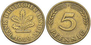 ФРГ 5 ПФЕННИГОВ 1949 F KM 102, J. 377 сталь плакированная латунью 4181-861